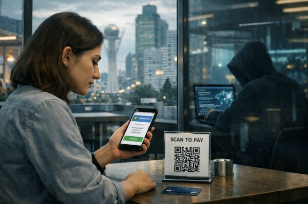 Женщина сканирует QR-код, пока хакер работает на ноутбуке в кафе.