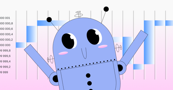 Счастливый нарисованный робот на фоне графика данных.