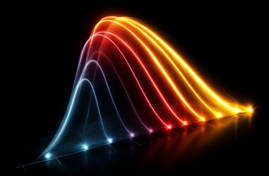 Абстрактные световые линии в форме графиков на черном фоне.