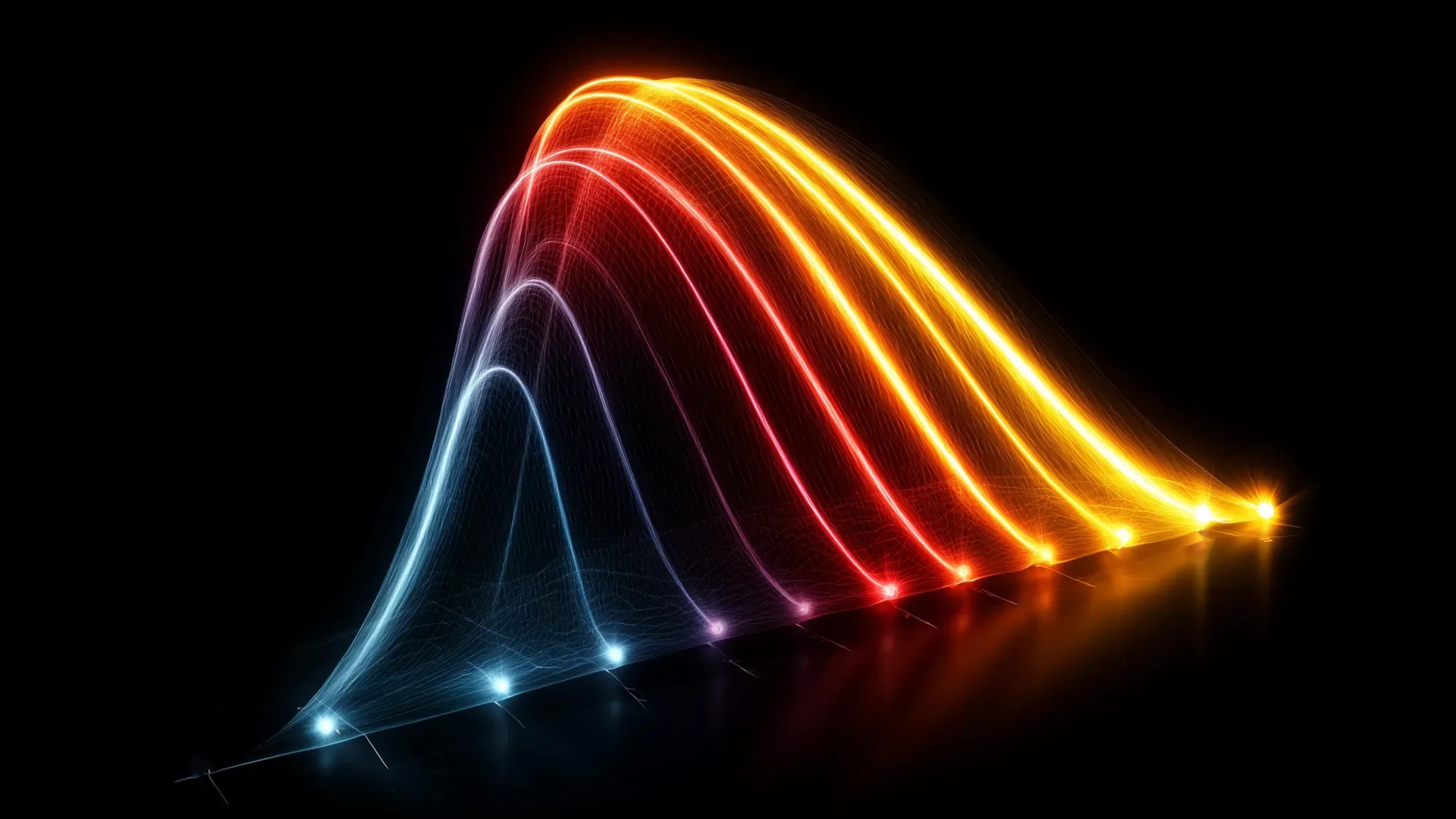 Ученые обнаружили универсальную температурную кривую, которая управляет всей жизнью. 5 Абстрактные световые линии в форме графиков на черном фоне.