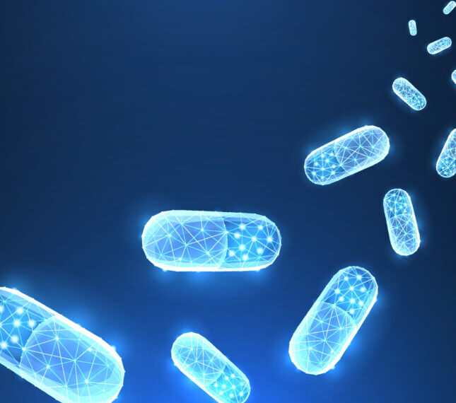 Светящиеся капсулы на синем фоне, цифровая сетка, 3D-эффект.