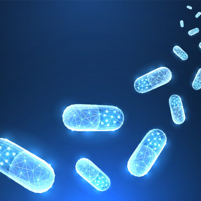 Светящиеся капсулы на синем фоне, цифровая сетка, 3D-эффект.