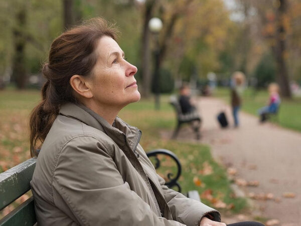 Женщина в куртке сидит на лавочке в осеннем парке.