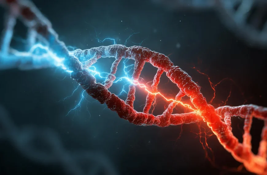 Двойная спираль ДНК с энергетическими вспышками, синий и красный цвета.