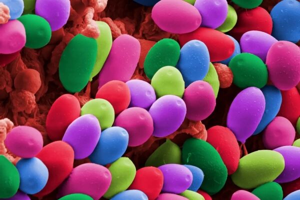 Яркие разноцветные микробы под микроскопом, макросъемка, научная иллюстрация.