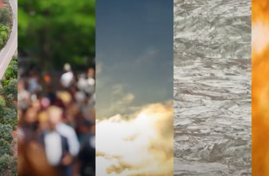 Пейзаж с дорогой, толпа людей, небо с облаками, вода, огонь.