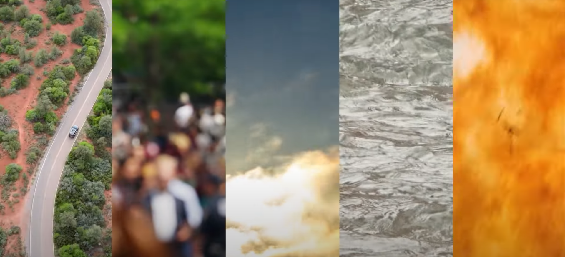 Пейзаж с дорогой, толпа людей, небо с облаками, вода, огонь.