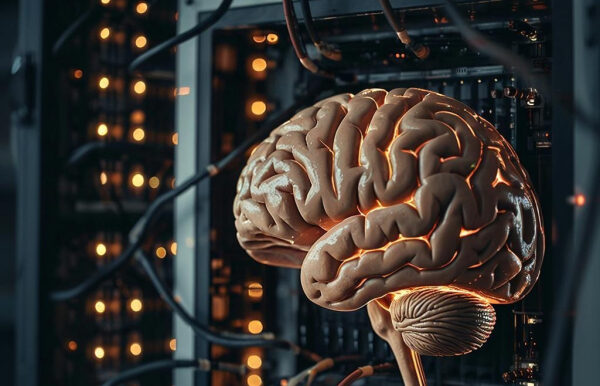 Мозг в серверной комнате, символизирующий ИИ и технологический прогресс.