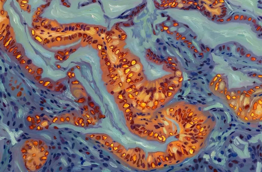 Абстрактное изображение сине-оранжевых узоров, напоминающее микроскопическое фото ткани.