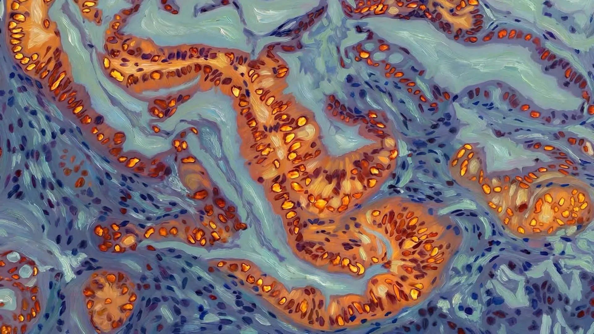 Абстрактное изображение сине-оранжевых узоров, напоминающее микроскопическое фото ткани.