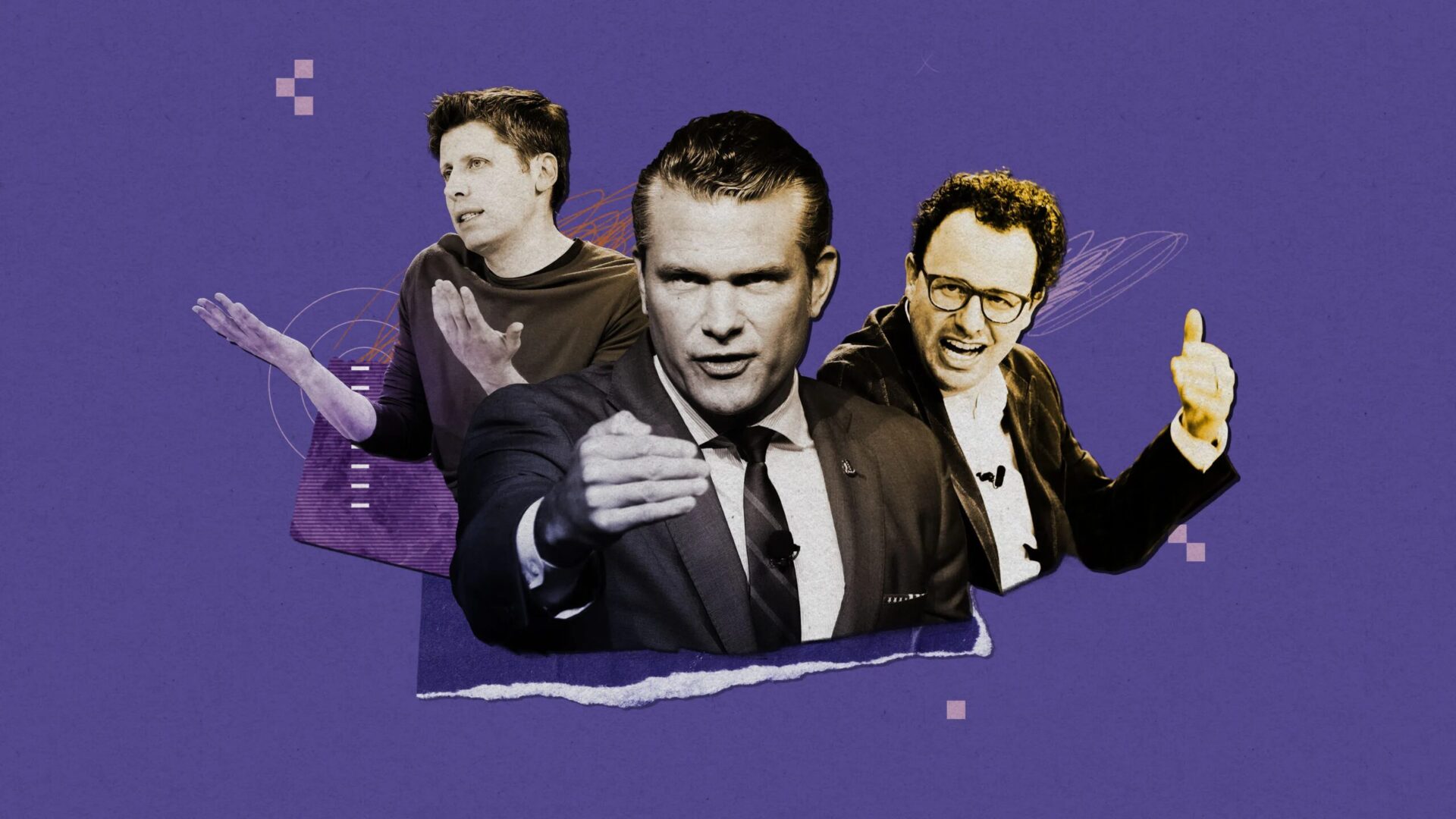 Три человека жестикулируют на фоне фиолетовой графики.