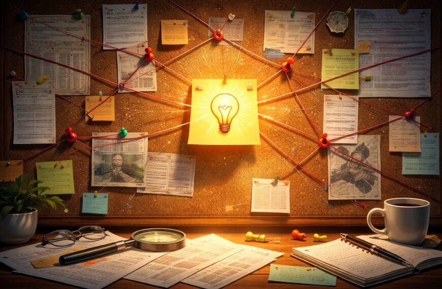 Доска расследования с нитями, документами и светящейся лампочкой в центре.