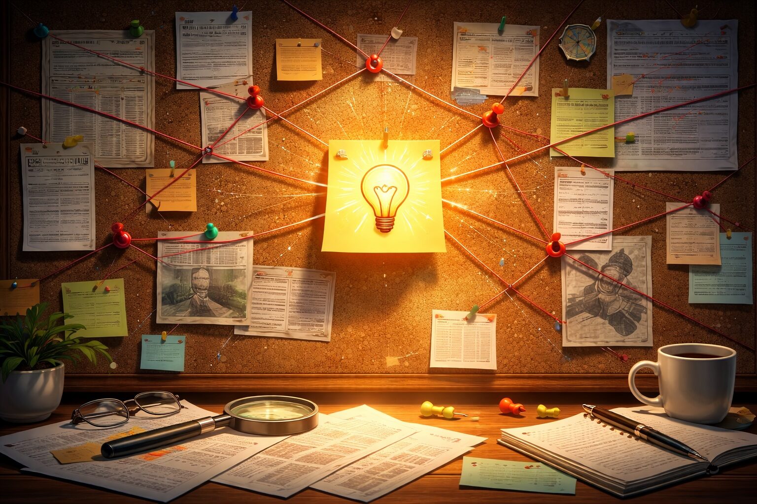 Доска расследования с нитями, документами и светящейся лампочкой в центре.