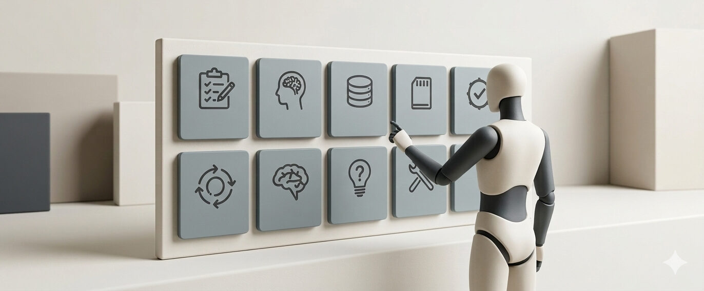 Какие навыки агента помимо навыков Клода? 3 Робот взаимодействует с интерфейсом с иконками для анализа данных и искусственного интеллекта.