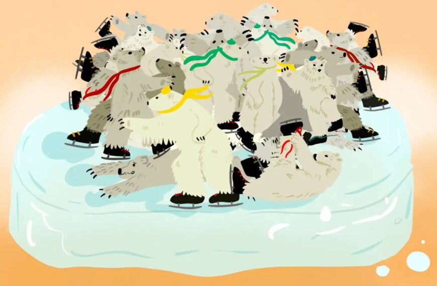 Полярные медведи на коньках танцуют на льдине в цветных шарфах.