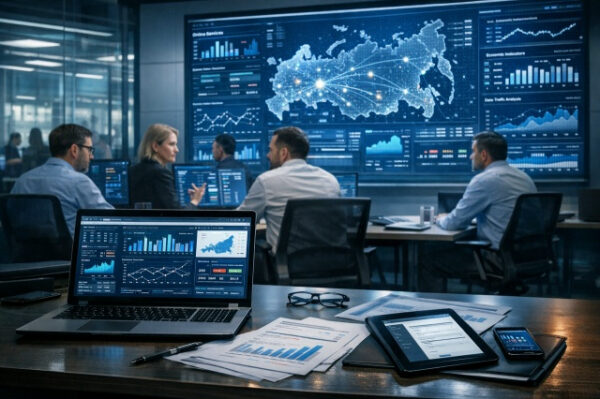 Офис аналитиков, обсуждение данных на экранах, карты и графики на мониторах.