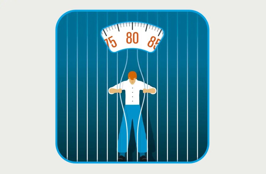 Человек в клетке с весами вместо решетки, символизирующими зависимость от веса.