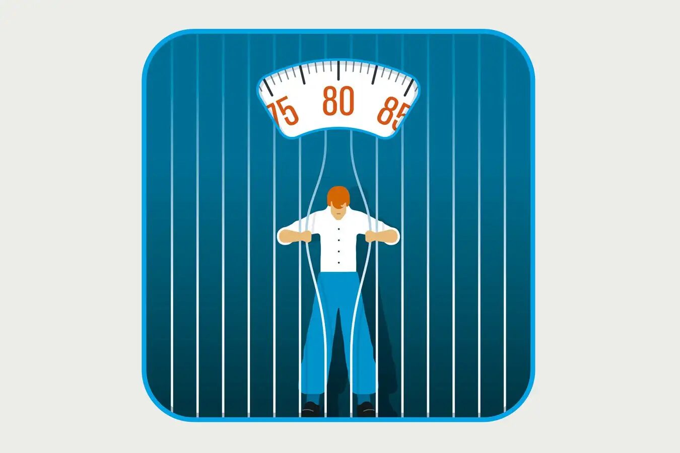 Человек в клетке с весами вместо решетки, символизирующими зависимость от веса.