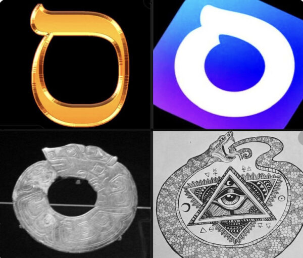 Четыре символа: золото, стилизованная эмблема, каменное кольцо и змей, кусающий свой хвост.