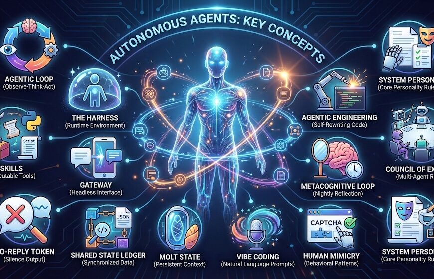 Иллюстрация о ключевых концепциях автономных агентов с различными элементами и метафорами.