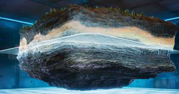 Футуристический 3D-анализ почвы с деревьями в цифровом пространстве.