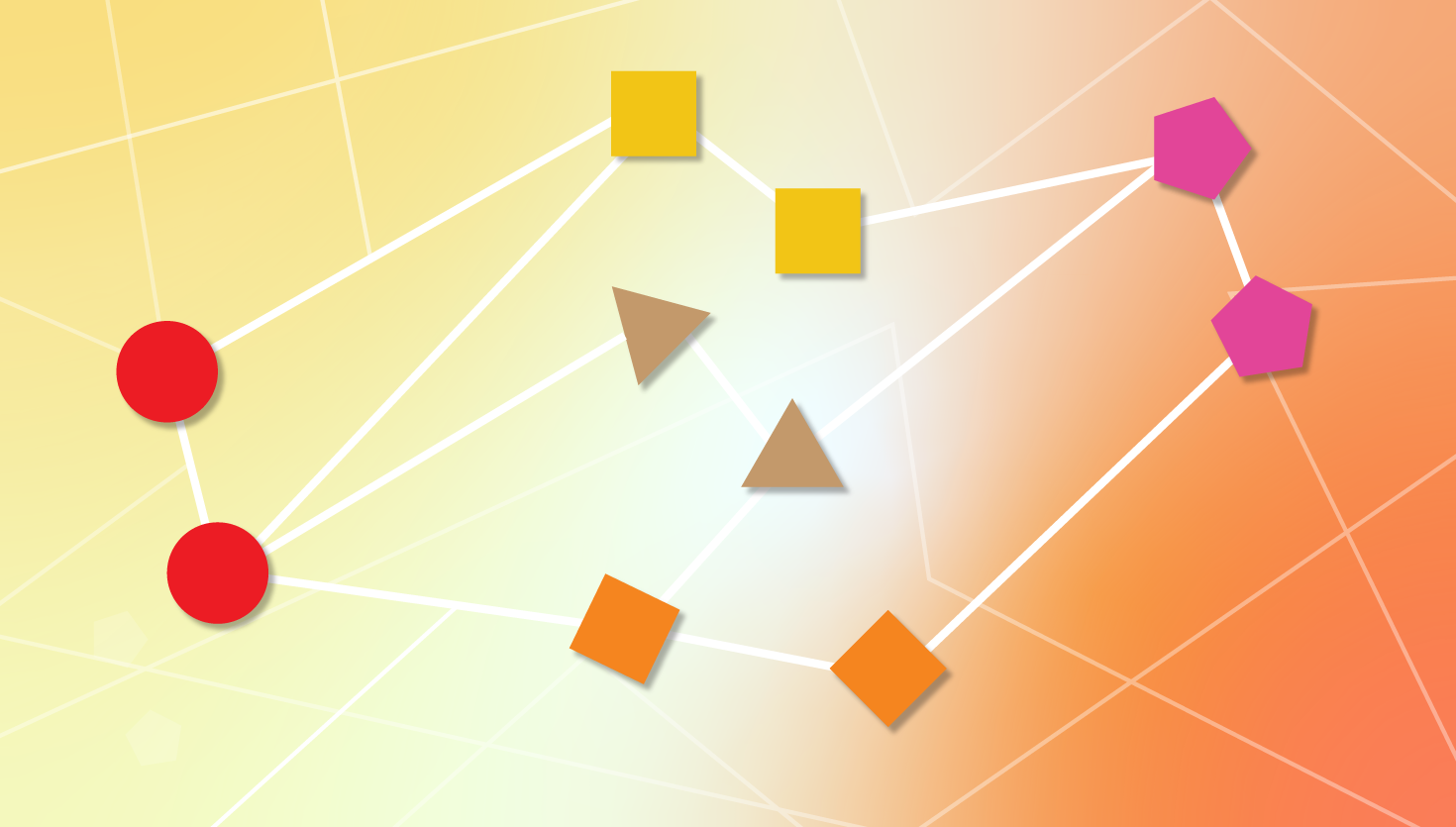 Графическая схема с цветными фигурами: круги, квадраты, треугольники и пятиугольники на фоне.