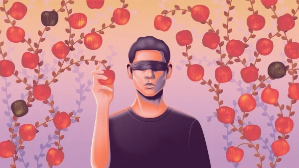 Иллюстрация человека среди ярких цветущих ветвей на фоне заката.