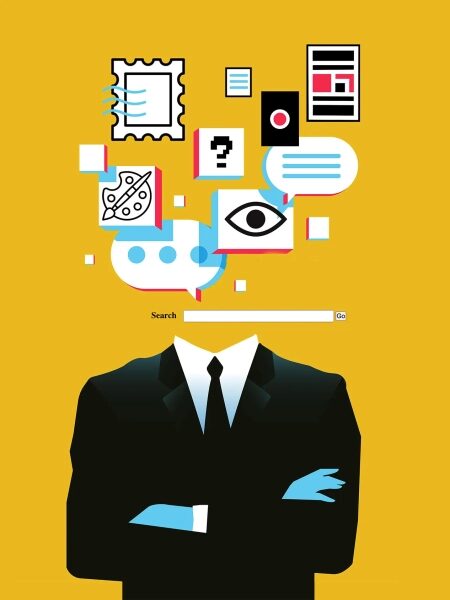 Человек в костюме с символами информации вместо головы на желтом фоне, поиск данных.
