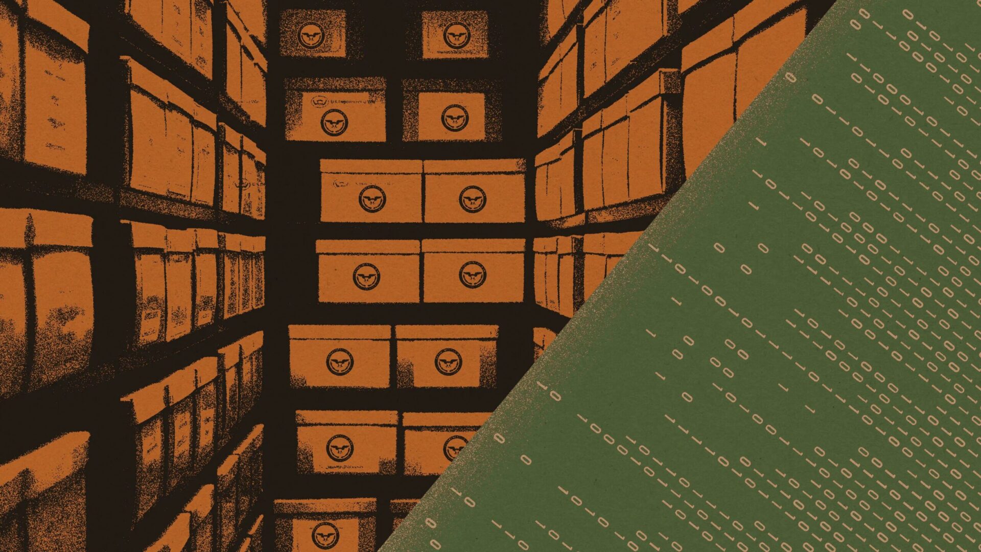 Представитель министерства обороны заявил, что Пентагон планирует научить компании, занимающиеся искусственным интеллектом, использовать секретные данные для обучения. 3 Архивные коробки в хранилище и код из нулей и единиц на зеленом фоне.