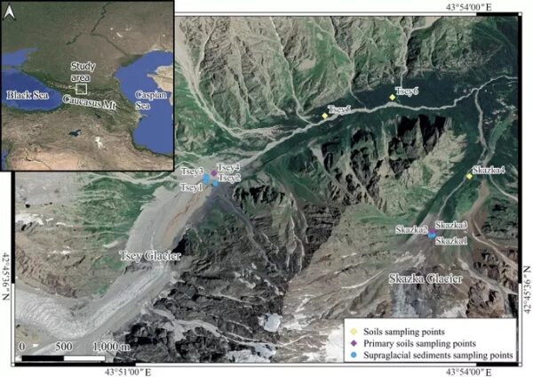 Карта ледников Цей и Сказка с точками проб почвы, Кавказские горы.