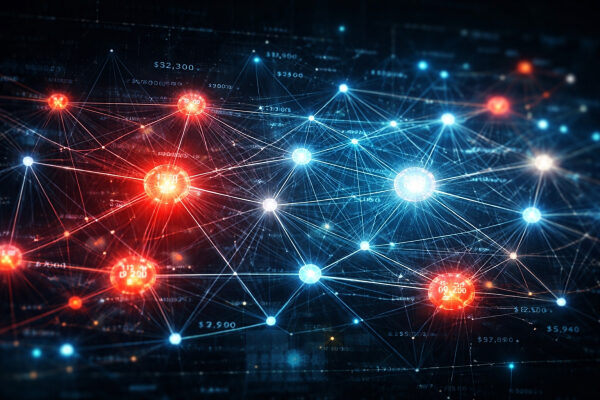 Абстрактная сеть из синих и красных соединений данных на темном фоне.