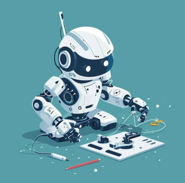 Милый робот занимается пайкой, на фоне голубой цвет. Технологии и робототехника.