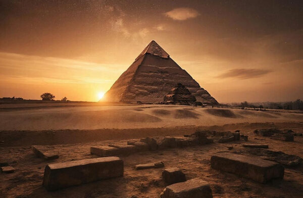 Пирамида в Египте на закате, красивый вид на древнее архитектурное чудо.