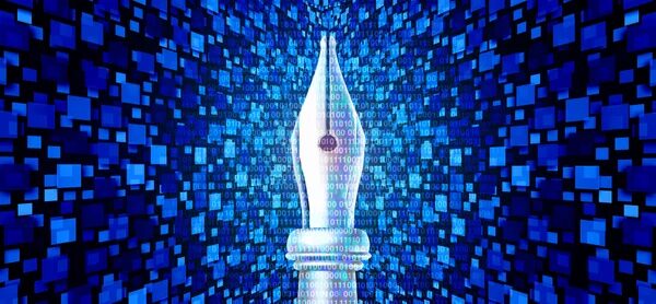 Перьевая ручка в цифровом стиле на фоне синего абстрактного узора из пикселей.