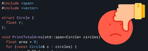 Код на С++ с грустным эмодзи и жестом "не нравится".