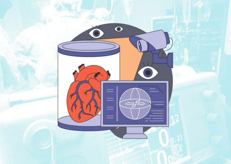 Иллюстрация: человеческое сердце в банке, камера наблюдения и экран с картой.