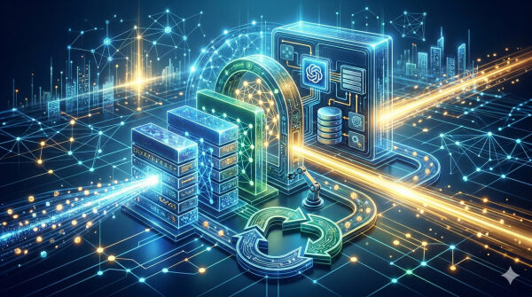 Цифровая сеть с данными и технологическими элементами, символизирующими обработку информации.