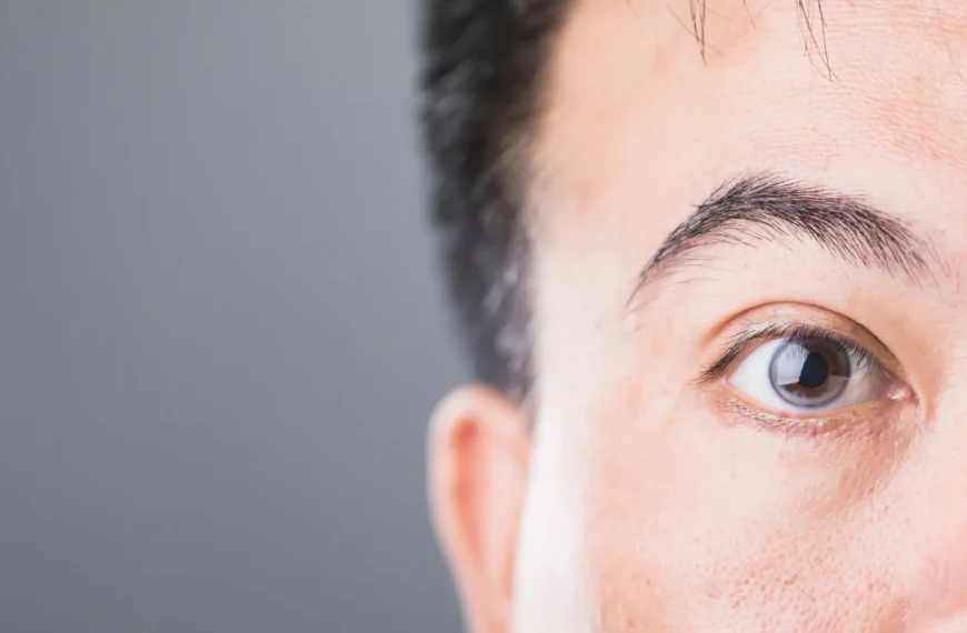 Фрагмент изображения человека с чёрными волосами на сером фоне.