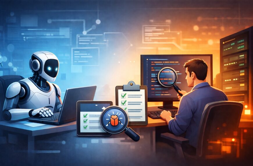 Робот и человек проверяют код на компьютерах, тестирование программного обеспечения.