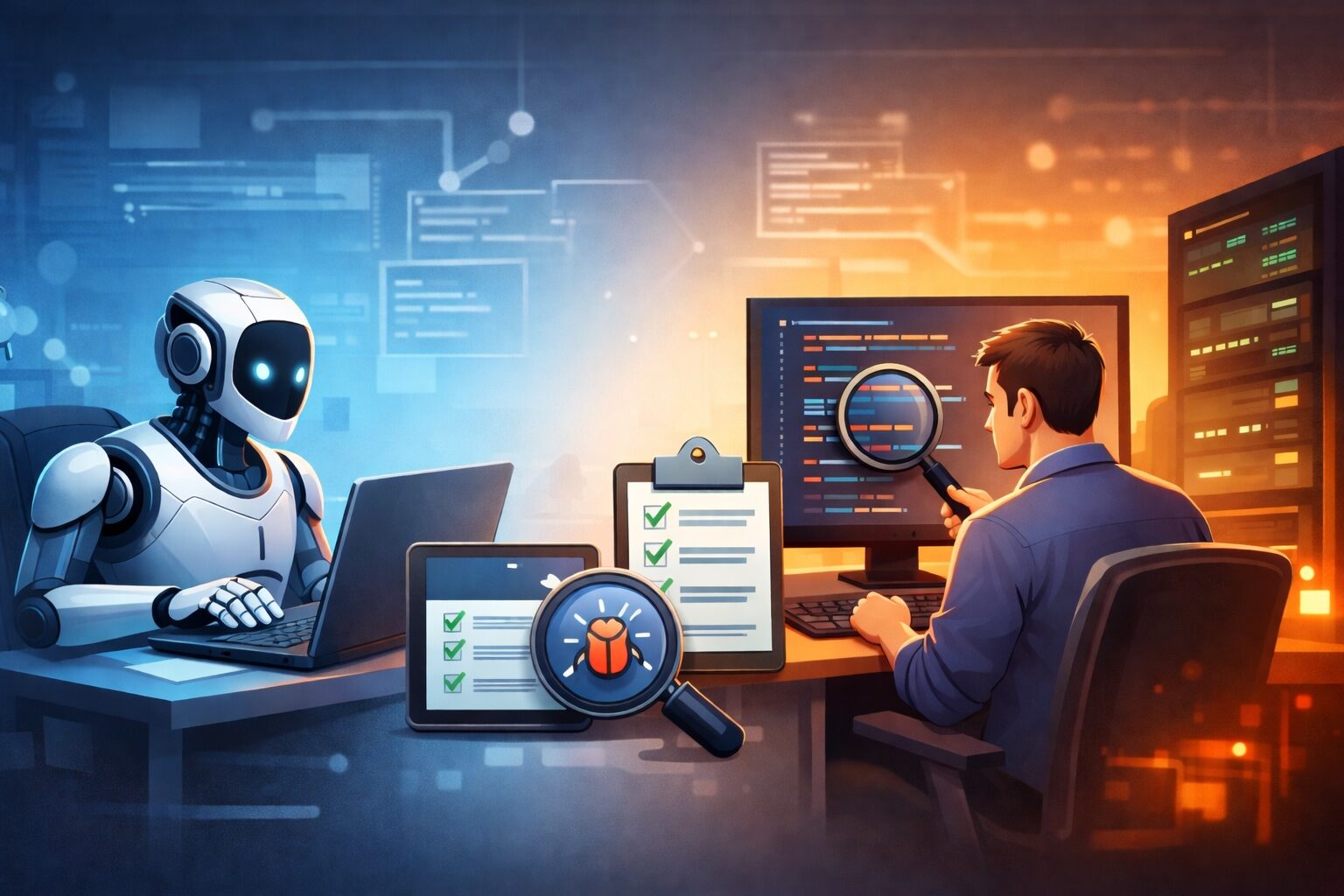 Робот и человек проверяют код на компьютерах, тестирование программного обеспечения.