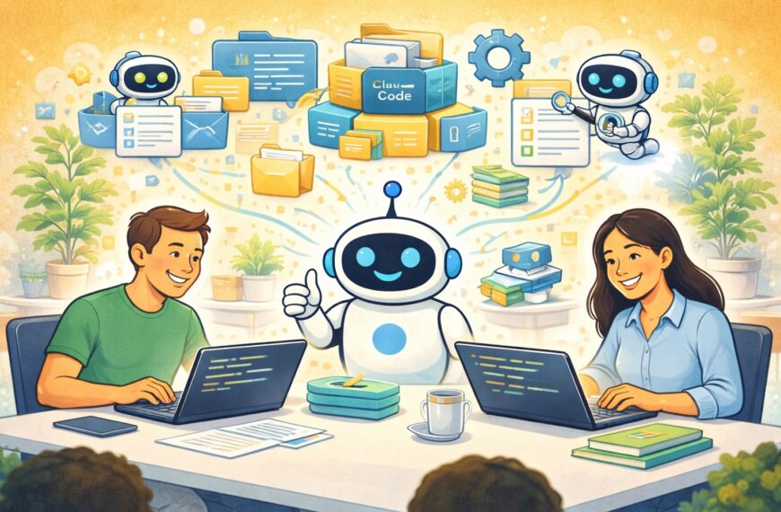 Люди с ноутбуками работают с ботом, окружённым папками и шестернями.