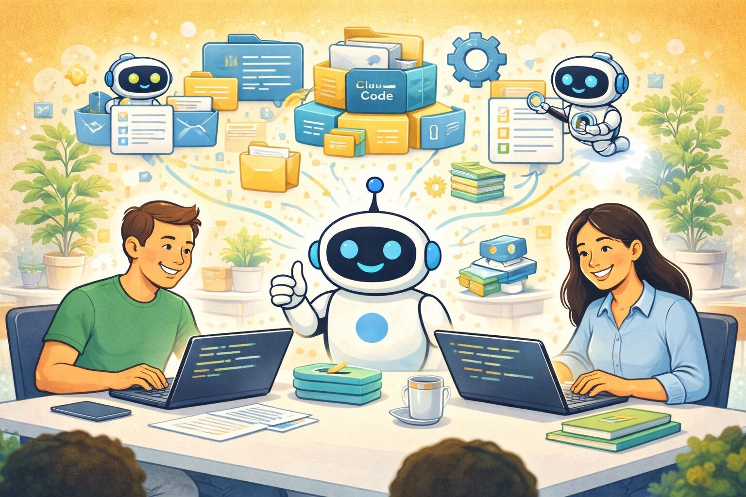 Люди с ноутбуками работают с ботом, окружённым папками и шестернями.