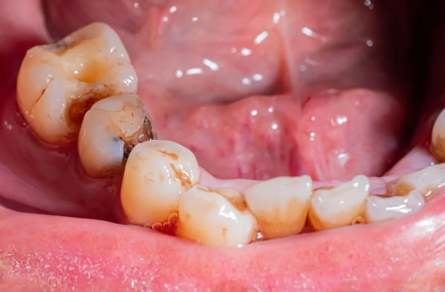 Крупный план зубов с кариесом и налетом в полости рта человека.