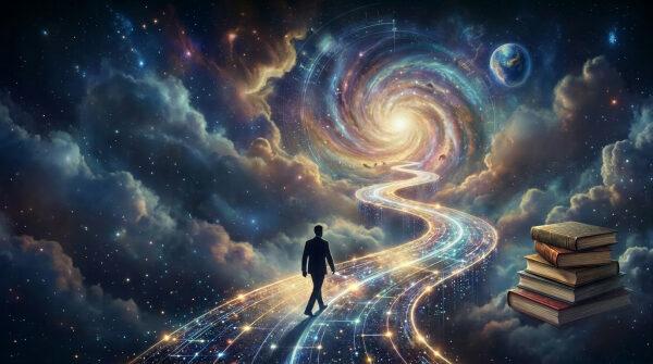 Человек на звездной дороге к галактике с книгами, символизирующими путь к знанию.