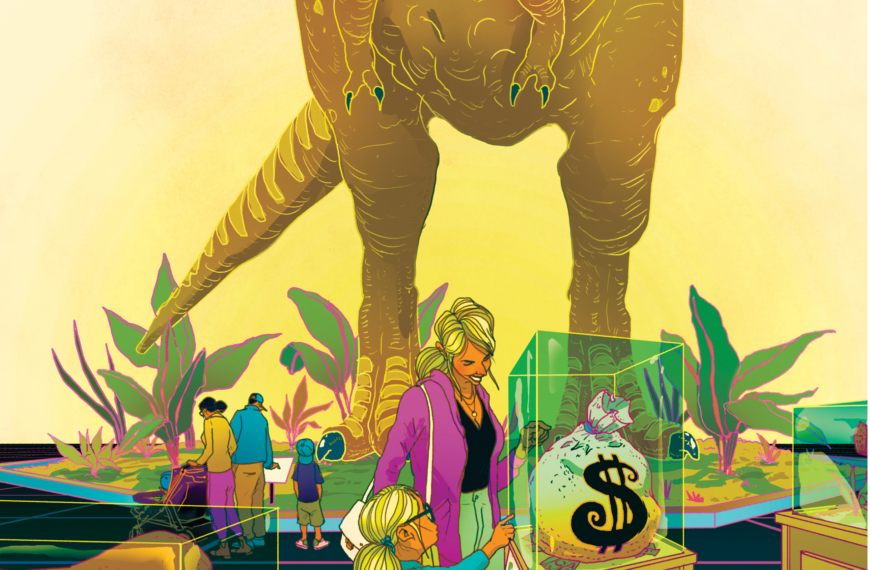 Люди в музее динозавров, крупный план мешка с деньгами в стеклянной витрине.