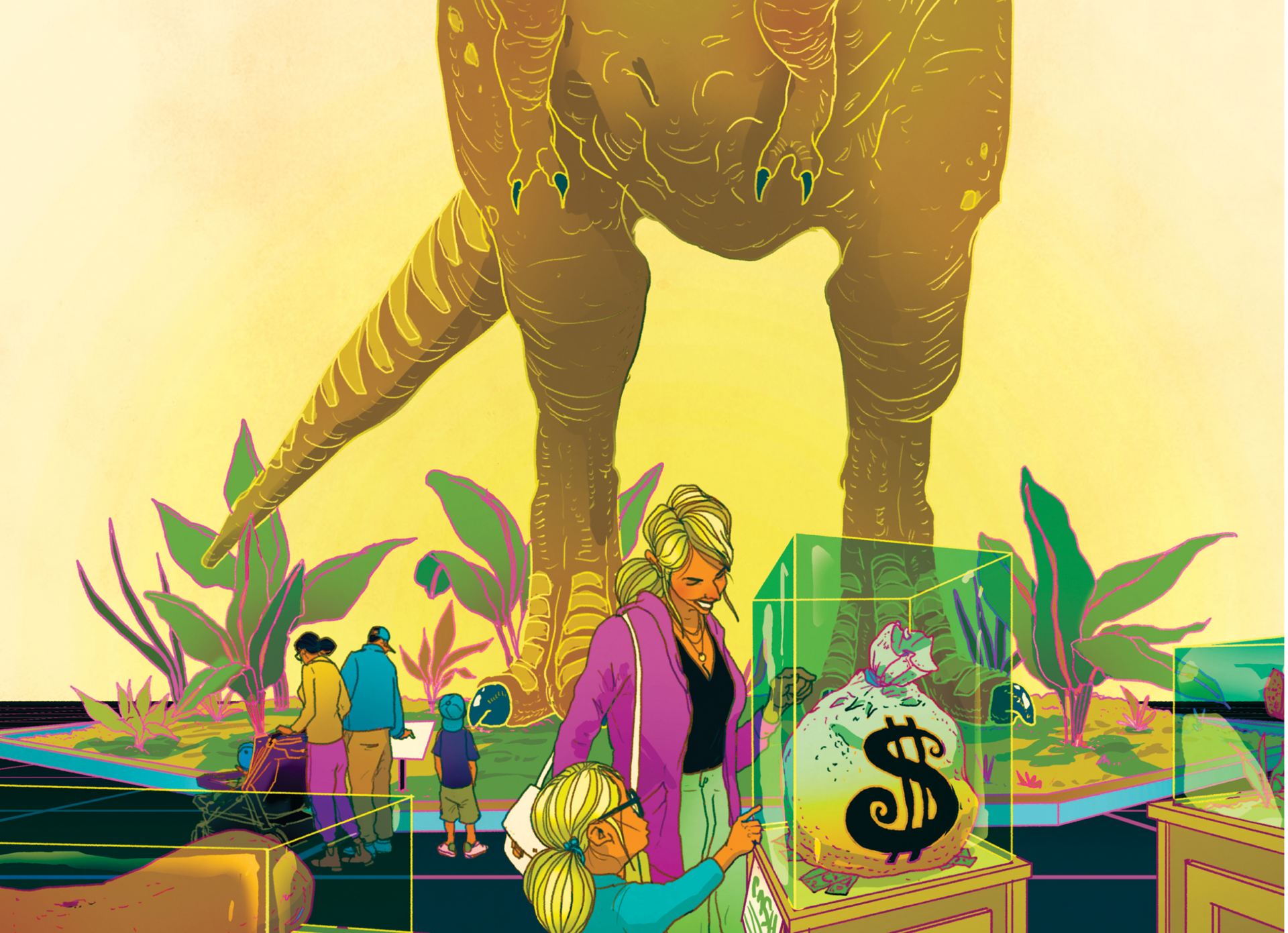 Люди в музее динозавров, крупный план мешка с деньгами в стеклянной витрине.