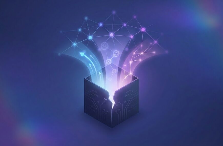 Искусственный интеллект и машинное обучение, светящиеся линии и точки над коробкой.