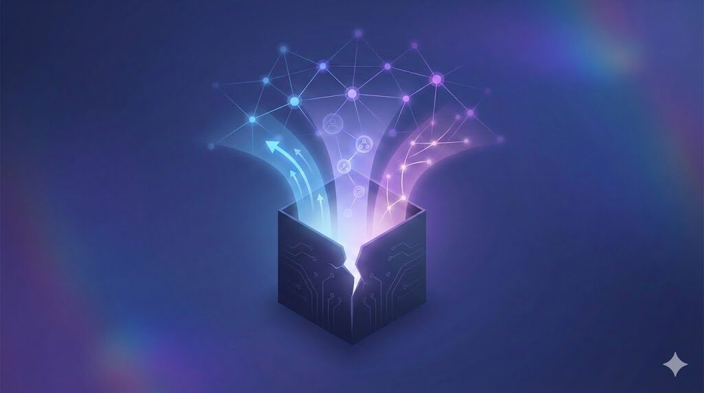 Искусственный интеллект и машинное обучение, светящиеся линии и точки над коробкой.