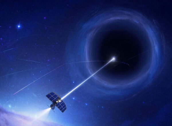 Спутник исследует черную дыру в космосе, испускающий световой луч.