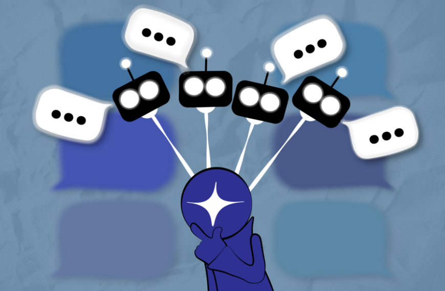 Иллюстрация: персонаж думает о чат-ботах с диалоговыми облаками на фоне.